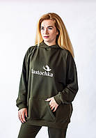 Тепле подовжене худі оверсайз жіноче хакі з капюшоном