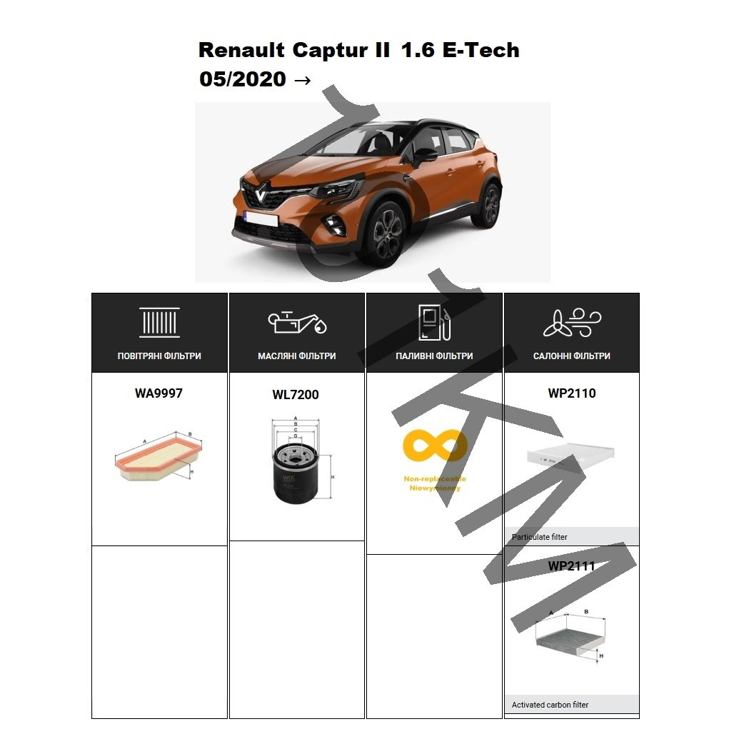 Комплект фільтрів Renault Captur II 1.6 E-Tech (2020-) WIX