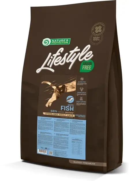 Сухий беззерновий корм для стерилізованих дорослих котів із білою рибою Nature's Protection Lifestyle 7 кг, фото 1
