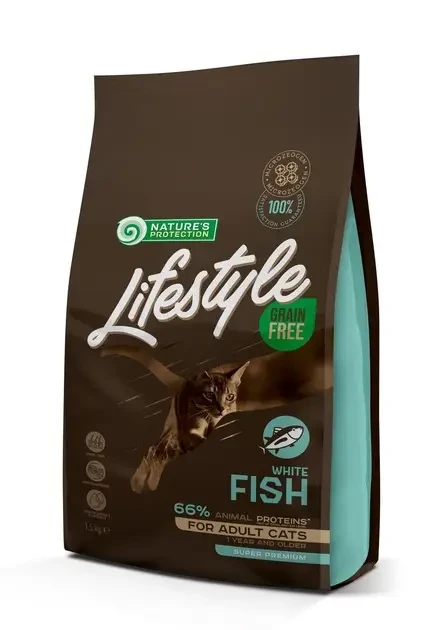 Сухий беззерновий корм для дорослих котів із білою рибою Nature's Protection Lifestyle Grain Free 1.5 кг