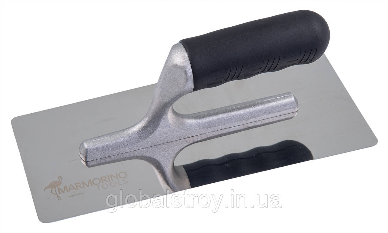Кельма полірована нержавіюча сталь 240х110х0,5 мм Marmorino Tools Steelmirror XL прогумована ручка, фото 1