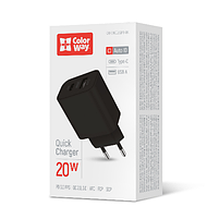 Зарядний пристрій мережевий USB/Type-C 3,0A QC+PD 20W чорний V2 ColorWay CW-CHS025QPD-BK, фото 2