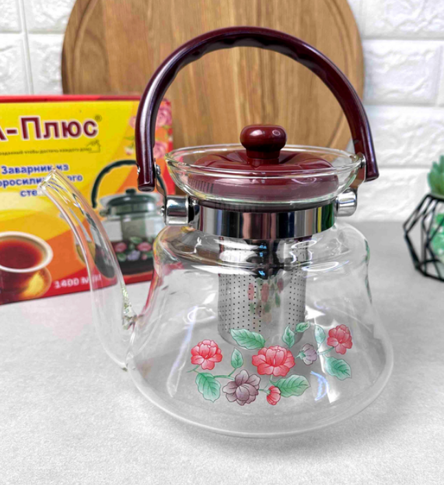 Скляний чайник на плиту з металевим ситечком 1.4л A-plus 1042, фото 1
