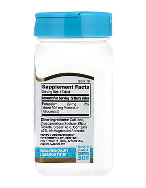 Калій глюконат 21st Century Potassium Gluconate 595 мг 110 таб США, фото 3