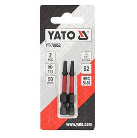 Біти ударні S2 для шурупокрута YATO; "TORX" T15 х 50 мм. 6-гранний хвостовик 1/4", 2 шт. YT-78052