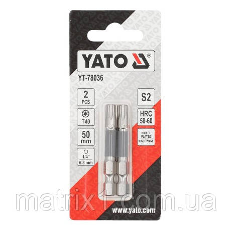 Біти для шурупокрута YATO; "TORX" T40 х 50 мм. сталь S2. 6-гранний хвостовик 1/4", 2 шт. YT-78036