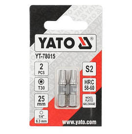 Біти для шурупокрута YATO; "TORX" T30 х 25 мм. сталь S2. 6-гранний хвостовик 1/4", 2 шт. YT-78015