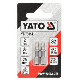 Біти для шурупокрута YATO; "TORX" T25 х 25 мм. сталь S2. 6-гранний хвостовик 1/4", 2 шт. YT-78014