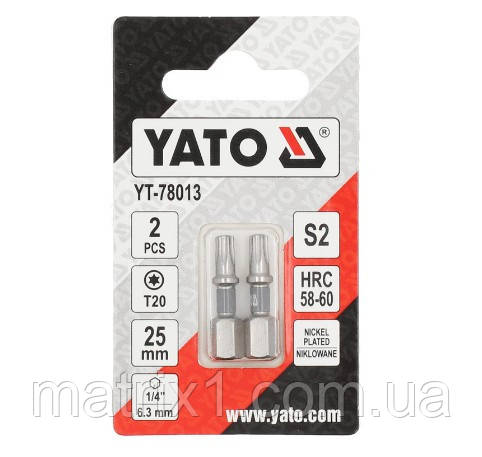 Біти для шурупокрута YATO; "TORX" T20 х 25 мм. сталь S2. 6-гранний хвостовик 1/4", 2 шт. YT-78013