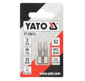 Біти для шурупокрута YATO; "TORX" T20 х 25 мм. сталь S2. 6-гранний хвостовик 1/4", 2 шт. YT-78013