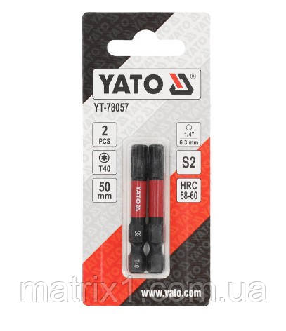 Біти ударні S2 для шурупокрута YATO; "TORX" T40 х 50 мм. 6-гранний хвостовик 1/4", 2 шт. YT-78057