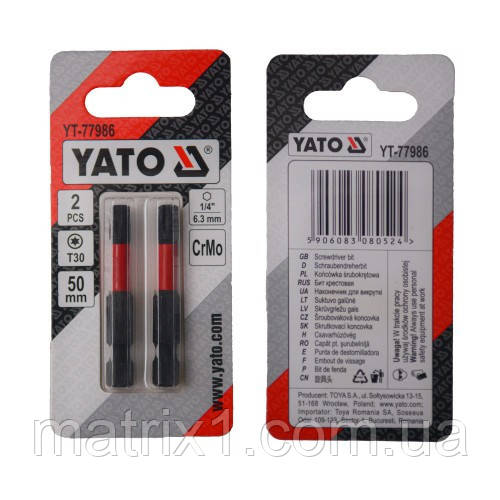 Насадка викруткова YATO TORX T30 х 50 мм. HEX 1/4", хром-молібден, 2 шт. YT-77986