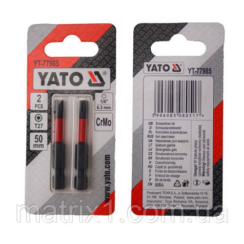 Біти ударні S2 для шурупокрута YATO; "TORX" T27 х 50 мм. 6-гранний хвостовик 1/4", 2 шт. YT-77985