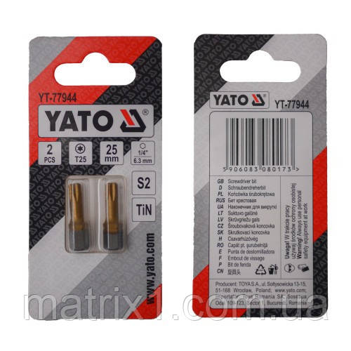 Насадка викруткова YATO TORX T25 х 25 мм. HEX 1/4», покрита титаном, 2 шт.  YT-77944