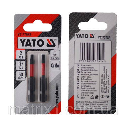Насадка викруткова YATO TORX T20 х 50 мм. HEX 1/4», хром-молібден, 2 шт.YT-77983
