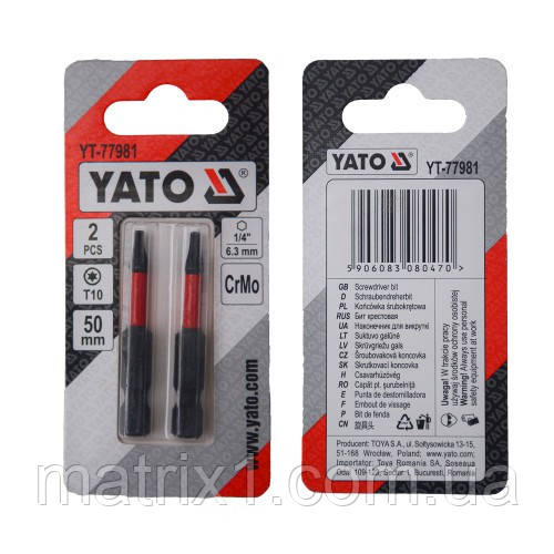 Насадка викруткова YATO TORX T10 х 50 мм. HEX 1/4», хром-молібден, 2 шт. YT-77981
