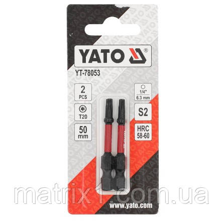 Біти ударні S2 для шурупокрута YATO; "TORX" T20 х 50 мм. 6-гранний хвостовик 1/4", 2 шт. YT-78053