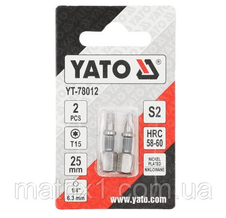 Біти для шурупокрута YATO; "TORX" T15 х 25 мм. сталь S2. 6-гранний хвостовик 1/4", 2 шт. YT-78012