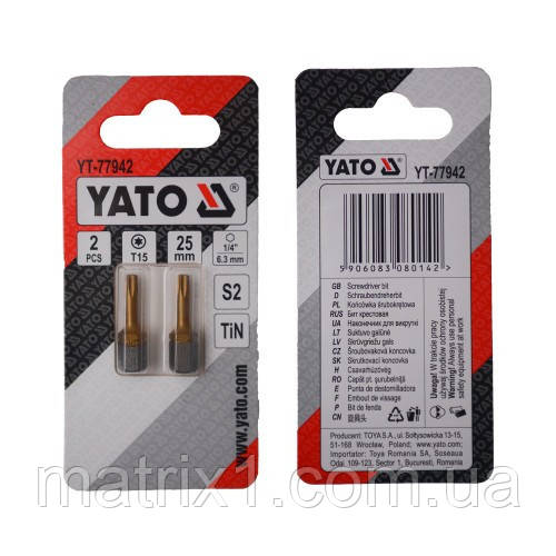 Насадка викруткова YATO TORX T15 х 25 мм. HEX 1/4», покрита титаном, 2 шт.  YT-77942