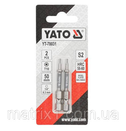 Біти для шурупокрута YATO; "TORX" T10 х 50 мм. сталь S2. 6-гранний хвостовик 1/4",2 шт YT-78031