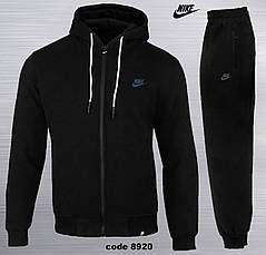 Теплий чоловічий спортивний костюм Nike чорний фліс велюр, зимовий утеплений спорт костюм Найк із капюшоном, фото 3