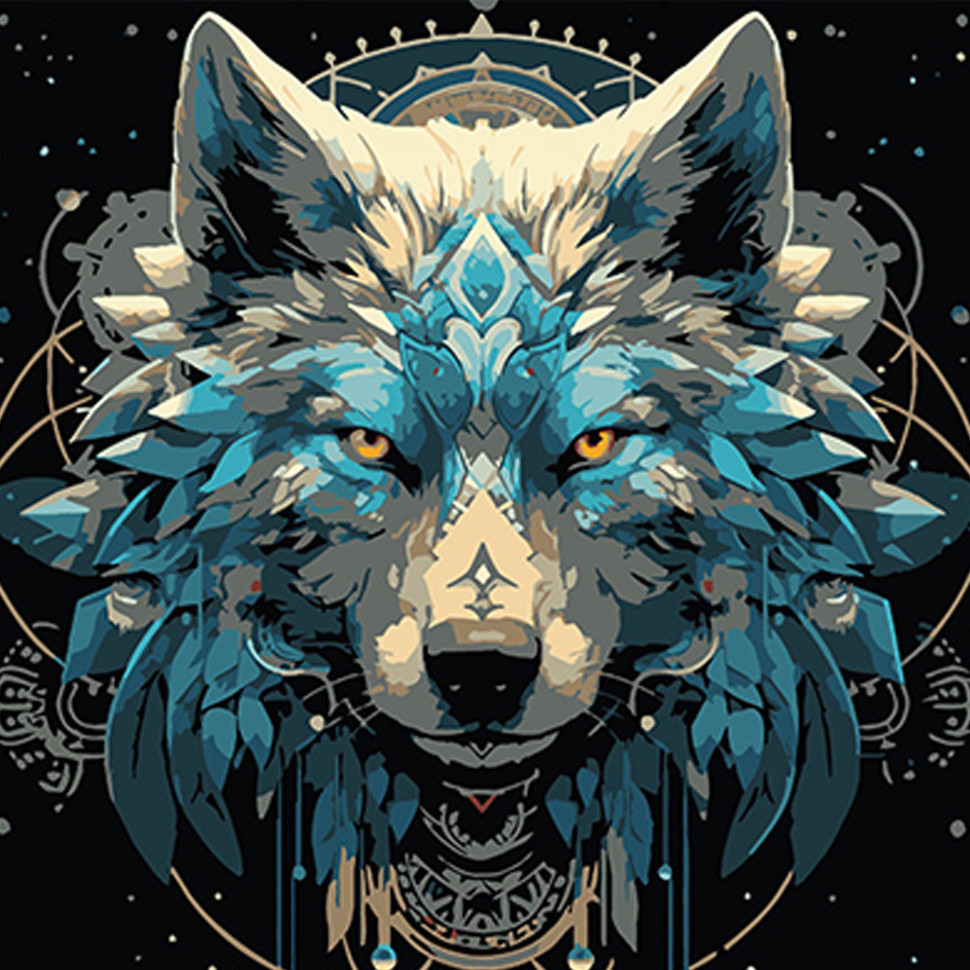 Картина за номерами Портрет вовка в мистецькому стилі Strateg на ЧОРНОМУ ФОНІ, 40х40см. (AV4040-56)