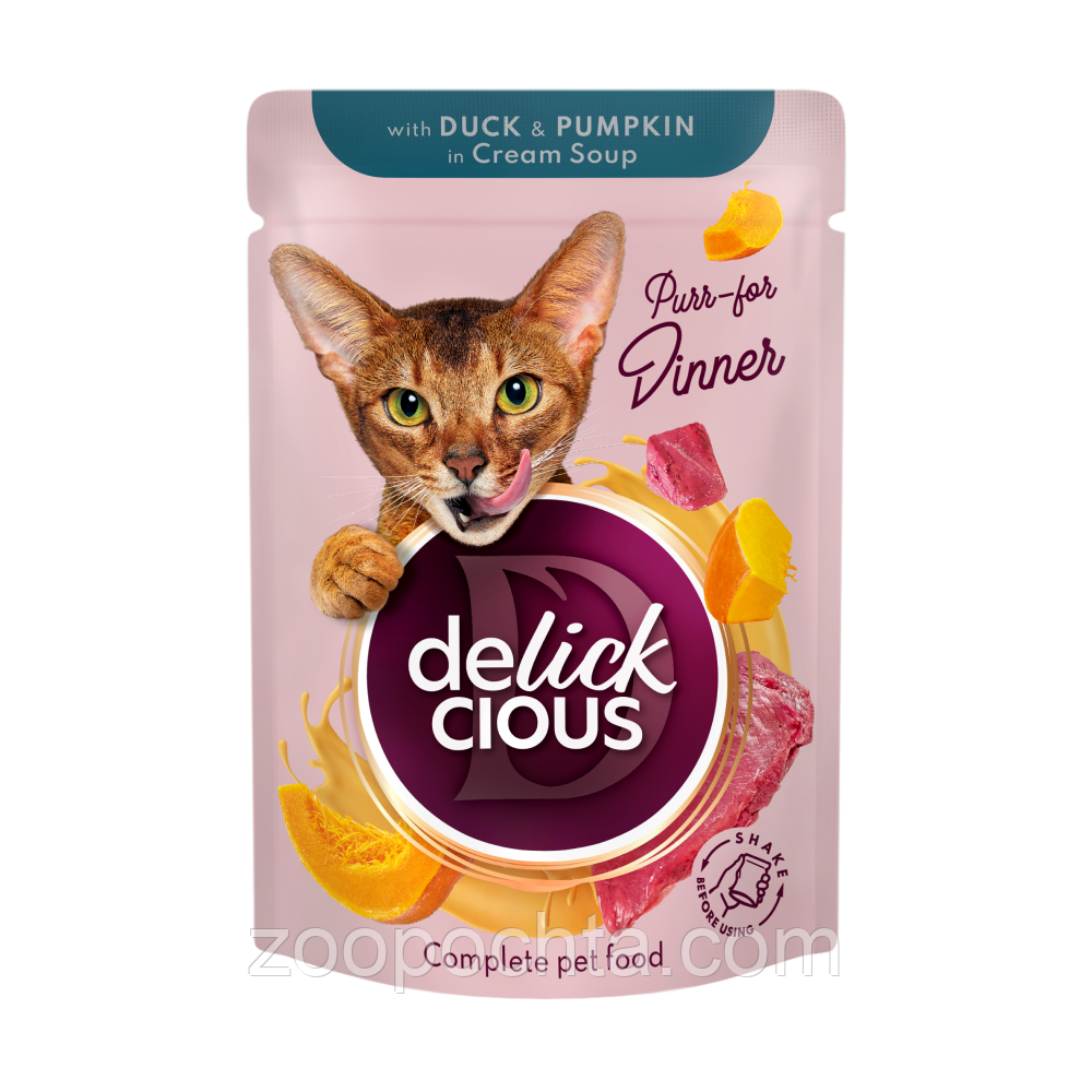 Вологий корм для кішок Delickcious Смужки з гарбузом і качкою в крем-супі 85 г 12 шт