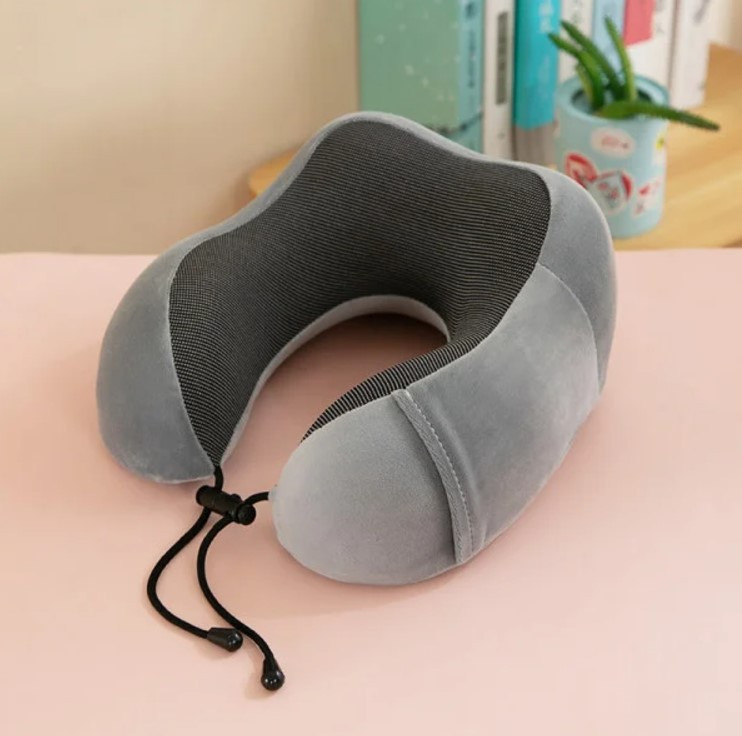 Дорожня подушка-рогалик Memory foam під шию з фіксатором Сіра