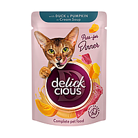 Акция! 12+12 Вологий корм для кішок Delickcious Смужки з гарбузом і качкою в крем-супі 85 г 12 шт