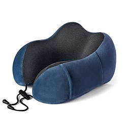 Дорожня подушка-рогалик Memory foam під шию з фіксатором Синя