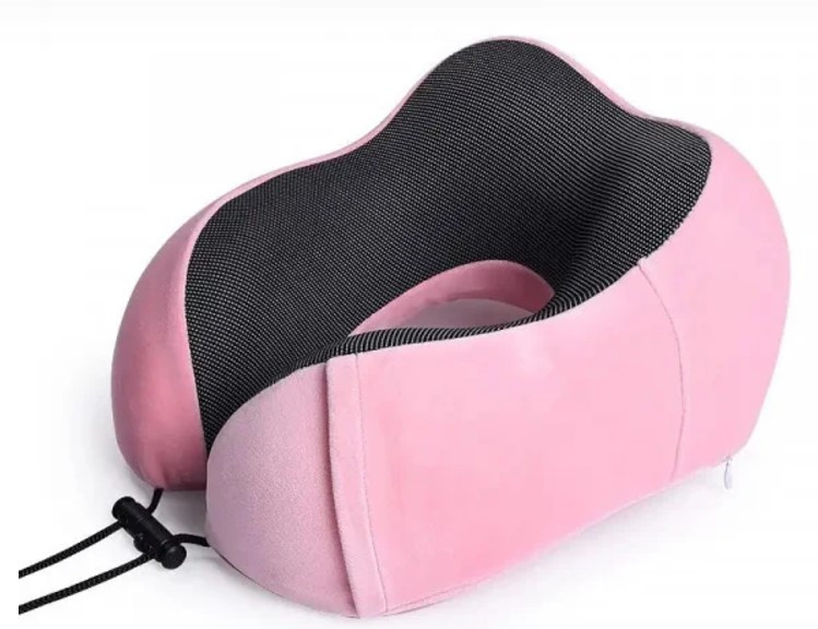 Дорожня подушка-рогалик Memory foam під шию з фіксатором Рожева