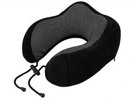 Дорожня подушка-рогалик Memory foam під шию з фіксатором Чорна