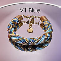 Голубий із золотом браслет із бісеру з геометричним візерунком V1