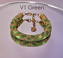Зелений із золотом браслет із бісеру з геометричним візерунком V1