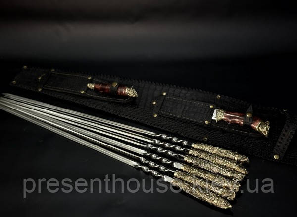 Набір шампурів «Дикі звірі» в закритому сагайдаку з ножем і виделкою, фото 1