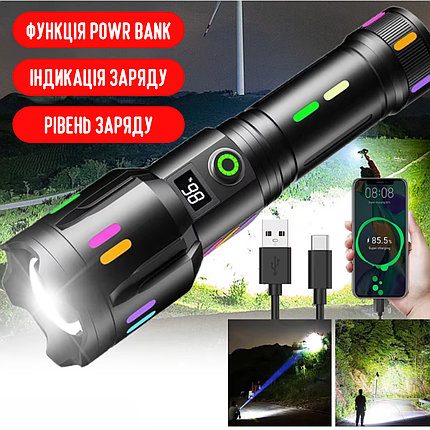 Ліхтар ручний потужний з білим лазером G671 ударостійкий з функцією Power Bank та вологозахистом, фото 1