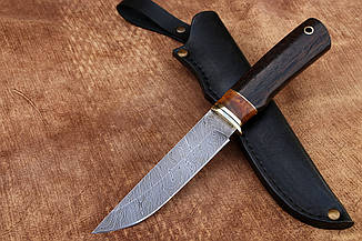 Ніж мисливський нескладний Лісовик 2, ручної роботи з дамаської сталі, зі шкіряним чохлом, чудовий подарунок чоловікові