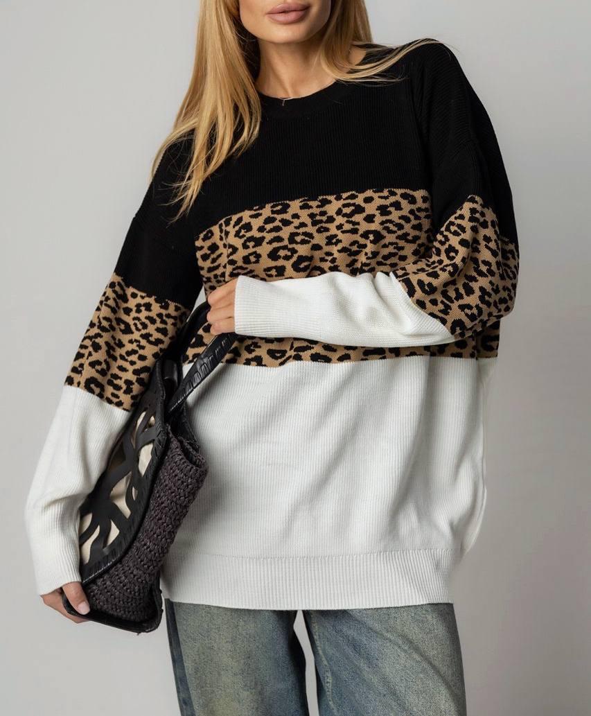 Триколірний светр туніка оверсайз у леопардовий принт 55KF3408, фото 1