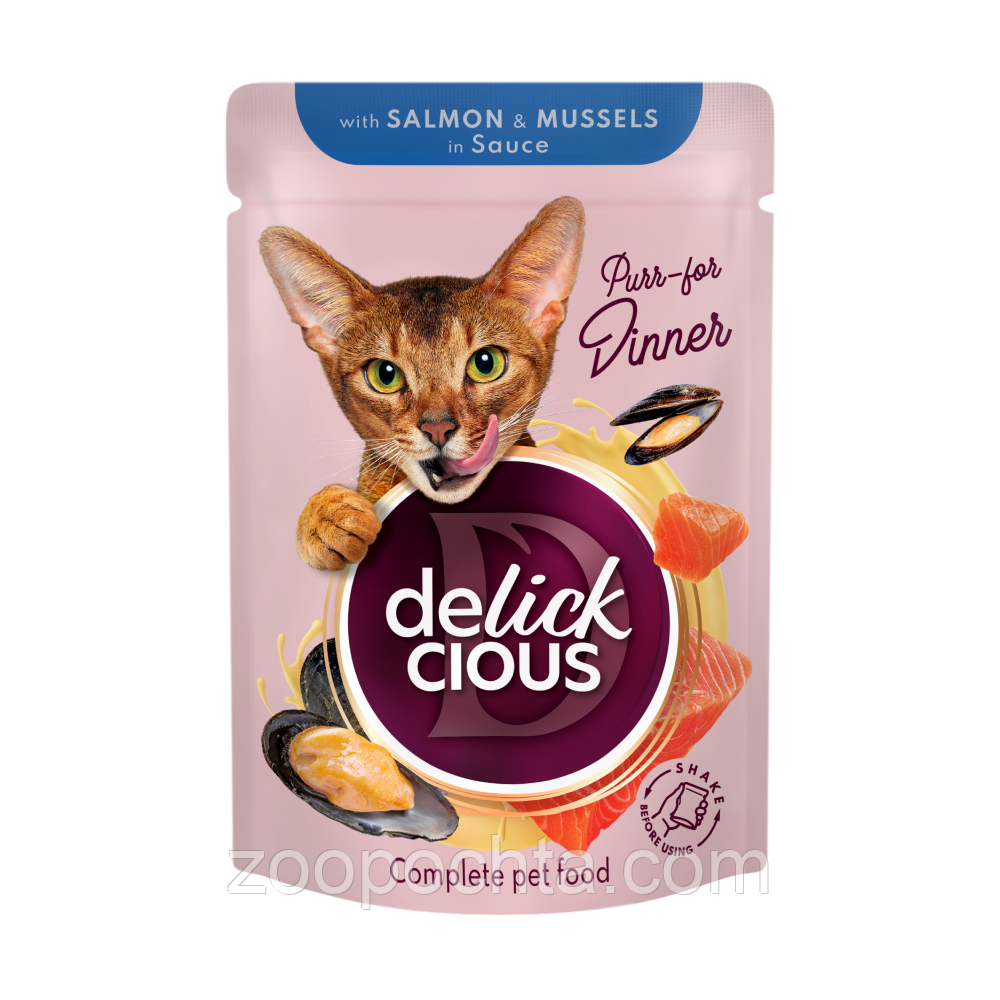Вологий корм для кішок Delickcious Шматочки з лососем та мідіями в соусі 85 г 12 шт