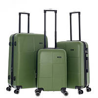 💚Набір із трьох дорожніх валіз із поліпропілену на 4 колесах, телескопічна ручка, високої якості, Колір Хакі