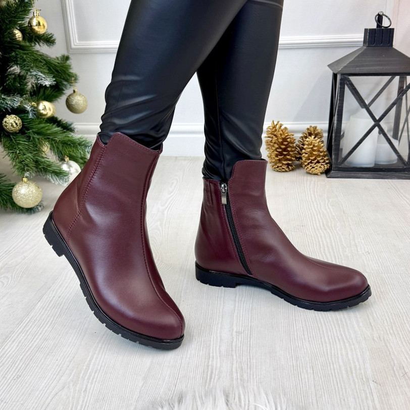Черевики жіночі шкіряні на низькому ходу, колір бордо, фото 1
