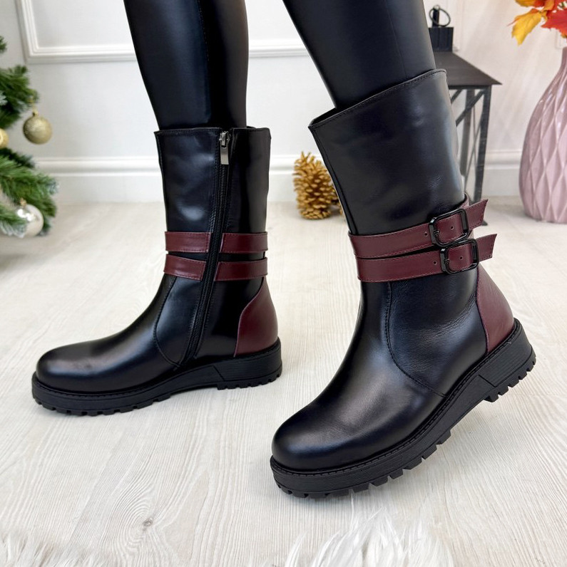 Черевики шкіряні жіночі на потовщеній підошві. Колір чорний, бордовий, фото 1