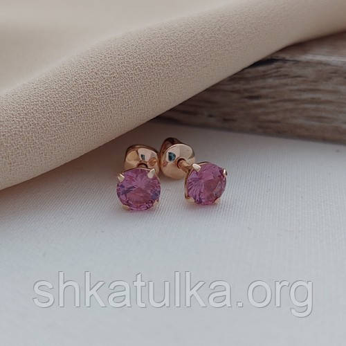 Сережки вкрутки золоті з бузковим круглим аметистом 1.52