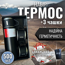 Термос з чашками для чая напоїв води кави чаю маленький походний нержавіючий Hechpro 500 мл чорний (5012)