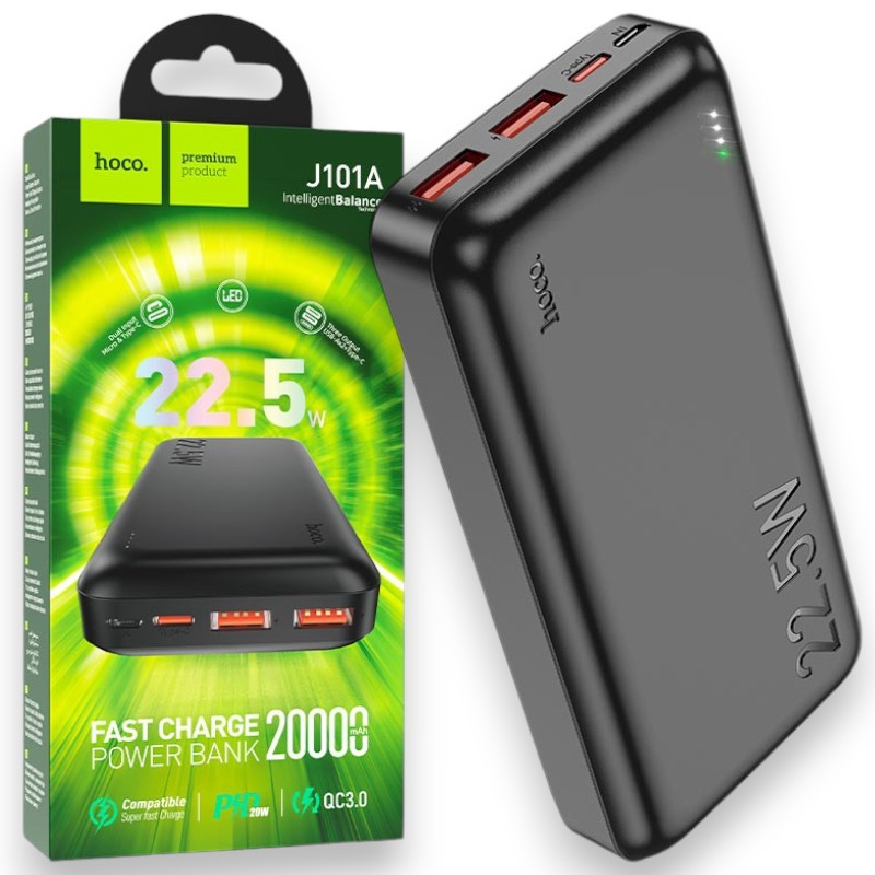 Зовнішній портативний акумулятор Power Bank HOCO J101A 20000 mAh Повербанк зі швидким заряджанням, чорний