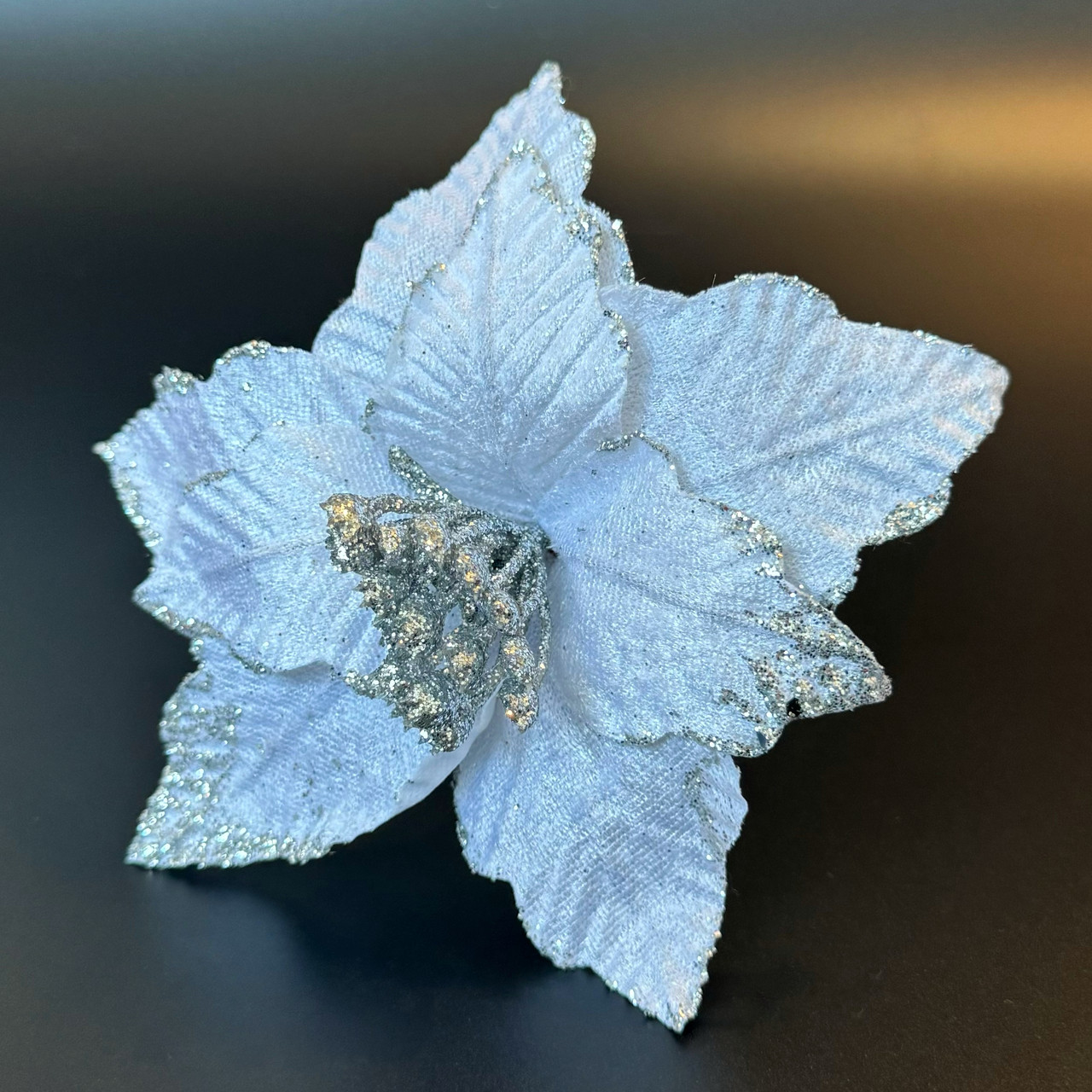 Новорічна прикраса Квітка пуансетія 14 см оксамит білий, фото 1