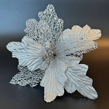 Новорічна прикраса Квітка пуансетія 25 см срібло