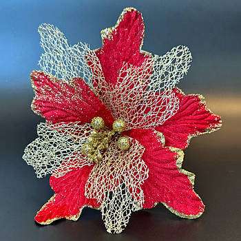 Новорічна прикраса Квітка пуансетія 25 см оксамит червоний з золотом