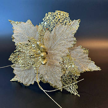 Новорічна прикраса Квітка пуансетія 25 см мішковина кремова з золотом