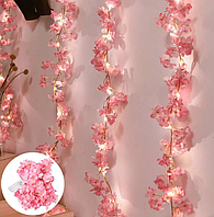 Искуственные цветы с LED подсветкой, светодиодная гирлянда листья сакуры 2м на батарейках, розовая